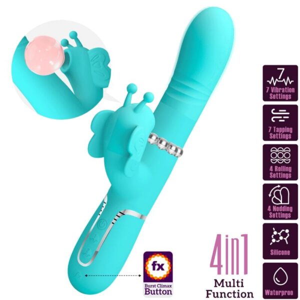 PRETTY LOVE - VIBRATORE MULTIFUNZIONE RABBIT 4 IN 1 FARFALLA VERDE ACQUA - immagine 10