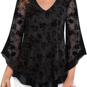 Blusa Donna Elegante Estiva in Chiffon Semi-Trasparente – Camicia Casual Chic con Maniche a Pipistrello Scollo a V e Stampa Floreale Taglie M a XXL