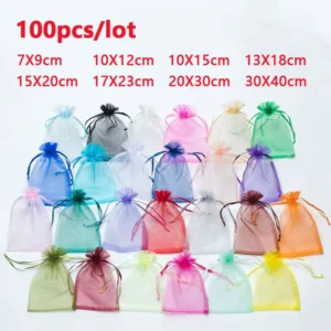 100 Pz/lotto 7x9 9x12 10x15 13x18 CM Sacchetti di Organza Sacchetto di Gioielli Decorazione Della Festa Nuziale Sacchetti Tirabili Sacchetti Regalo Imballaggio Dei Monili