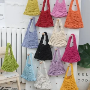 2024 nuova borsa tote coreana da spiaggia transfrontaliera maglia europea scava fuori borsa a spalla singola in tessuto stile college aperto da donna