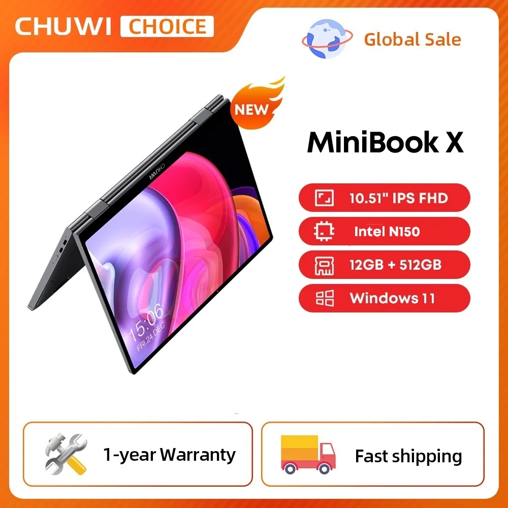 CHUWI MiniBook X Tablet Portatile 2 in 1 Intel N150 10.51 Pollici FHD IPS 12GB LPDDR5 512GB SSD Windows 11 Notebook 1200x1920