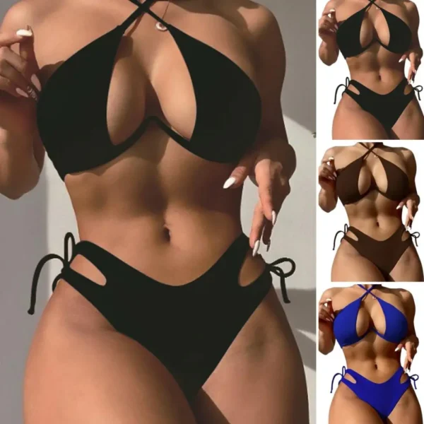 Costume da bagno donna bikini elegante estivo con reggiseno allacciato a vita alta e slip con lacci ad asciugatura rapida ideale per la spiaggia - immagine 4