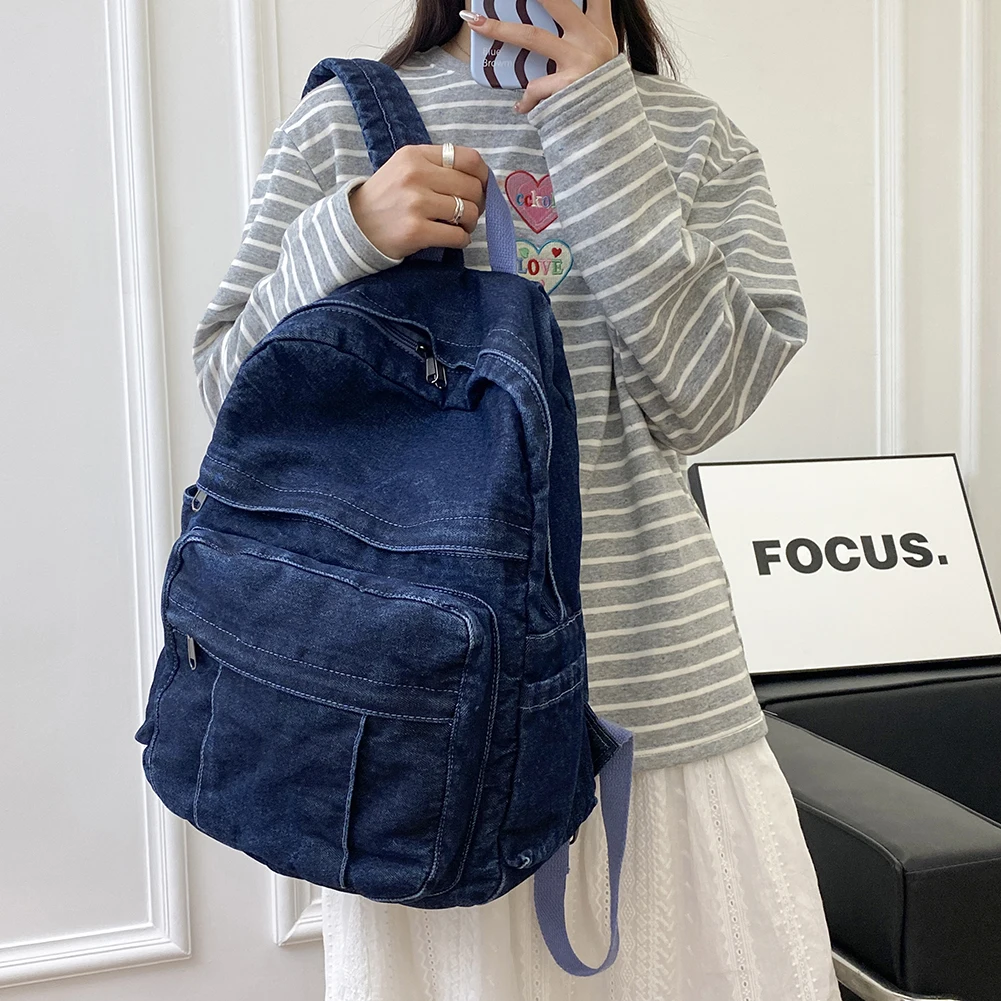 Zaino Vintage in Denim per Studenti Grande Capacità Borsa per Libri Adolescenti Jeans Alta Qualità Versatile Mochila Quotidiana - immagine 3