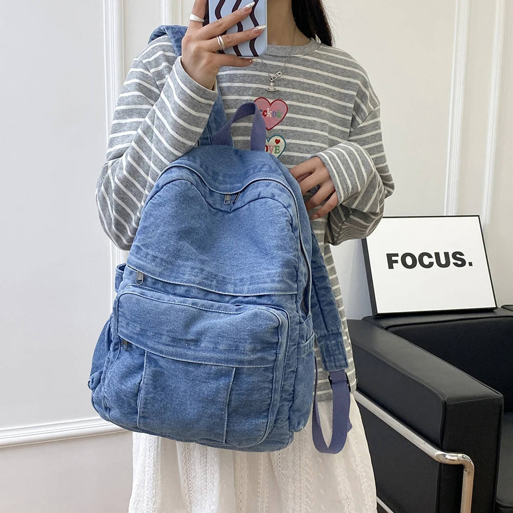 Zaino Vintage in Denim per Studenti Grande Capacità Borsa per Libri Adolescenti Jeans Alta Qualità Versatile Mochila Quotidiana - immagine 2