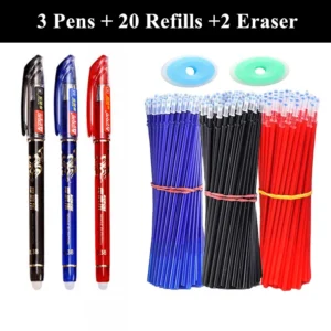 Set di 3 penne gel cancellabili con 20 ricariche e 2 gomme riutilizzabili ideale per schizzi disegno materiale scolastico e ufficio studenti