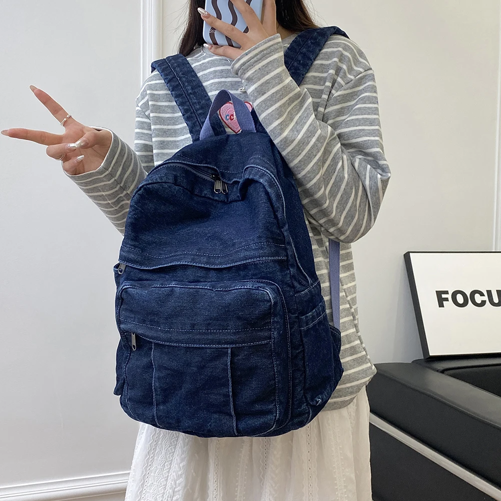 Zaino Vintage in Denim per Studenti Grande Capacità Borsa per Libri Adolescenti Jeans Alta Qualità Versatile Mochila Quotidiana - immagine 4