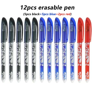 Set di 12 Penne Gel Cancellabili Nero Blu Rosso Punta Fine 0.5mm Scrittura Liscia per Ufficio e Studenti