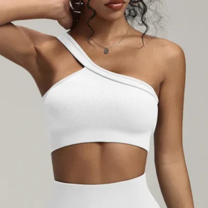 Reggiseno Sportivo Donna Yoga a Costine con Spalla Unica Crop Top Gilet Intimo Push Up Abbigliamento Sportivo OLOEYER