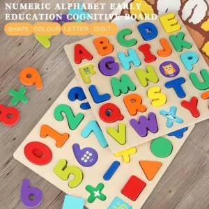 Gioco Educativo in Legno Montessori Alfabeto e Numeri Puzzle Geometrico per Bambini con Pannello di Corrispondenza e Presa a Mano