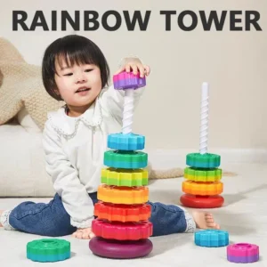 Torre Rotante Arcobaleno Giocattolo Cognitivo Montessori per Bambini Anello Geometrico Impilabile Giocattolo Sensoriale Divertente