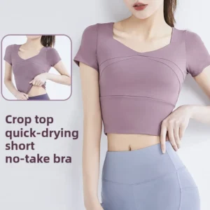 Top da yoga corto elasticizzato con imbottitura e collant sportivi a manica corta in stile nudo