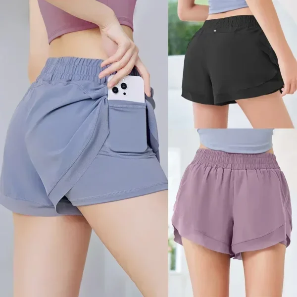 Pantaloncini sportivi ampia vestibilità vita alta rete multicolore doppio strato comodi e traspiranti per yoga e fitness - immagine 4