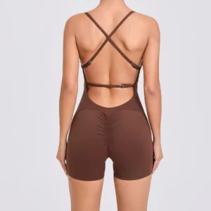 Tuta da yoga set palestra donna con cinghie incrociate sportiva regolabile in un pezzo pantaloncini fitness pagliaccetto senza schienale