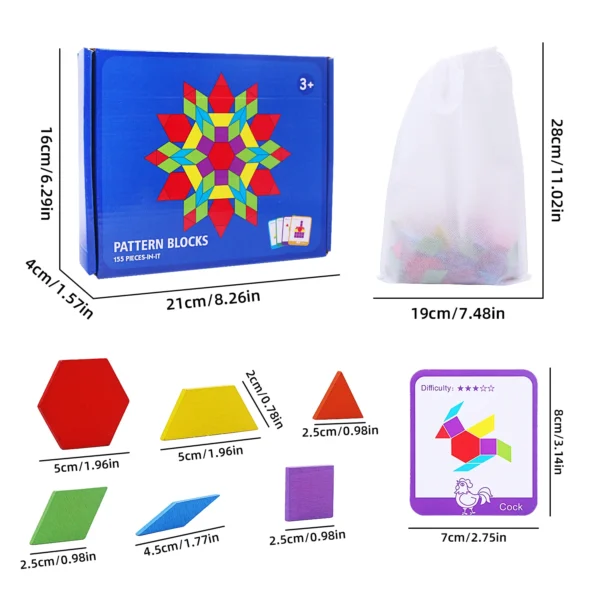 Set di 155 Blocchi in Legno Puzzle Geometrico Giocattolo Educativo Classico Tangram Montessori per Bambini - immagine 2