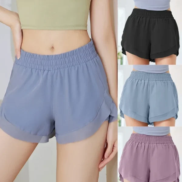 Pantaloncini sportivi ampia vestibilità vita alta rete multicolore doppio strato comodi e traspiranti per yoga e fitness - immagine 2