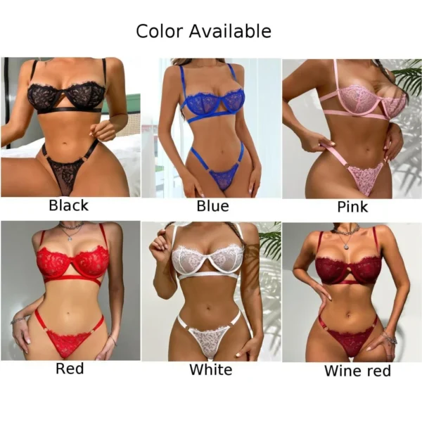 Set Lingerie Sexy da Donna in Pizzo Trasparente Reggiseno Push Up e Slip Ricamati a Vita Bassa - immagine 5